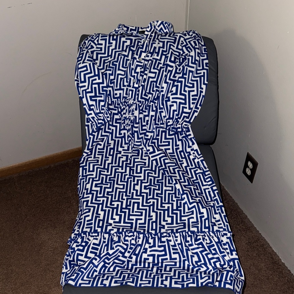 Blue & White Geometric Maxi Dress - Women